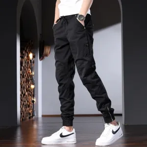 Men's Black Cotton Cargo Pants - Tactical Streetwear with Slim Fit and Elastic Waist
