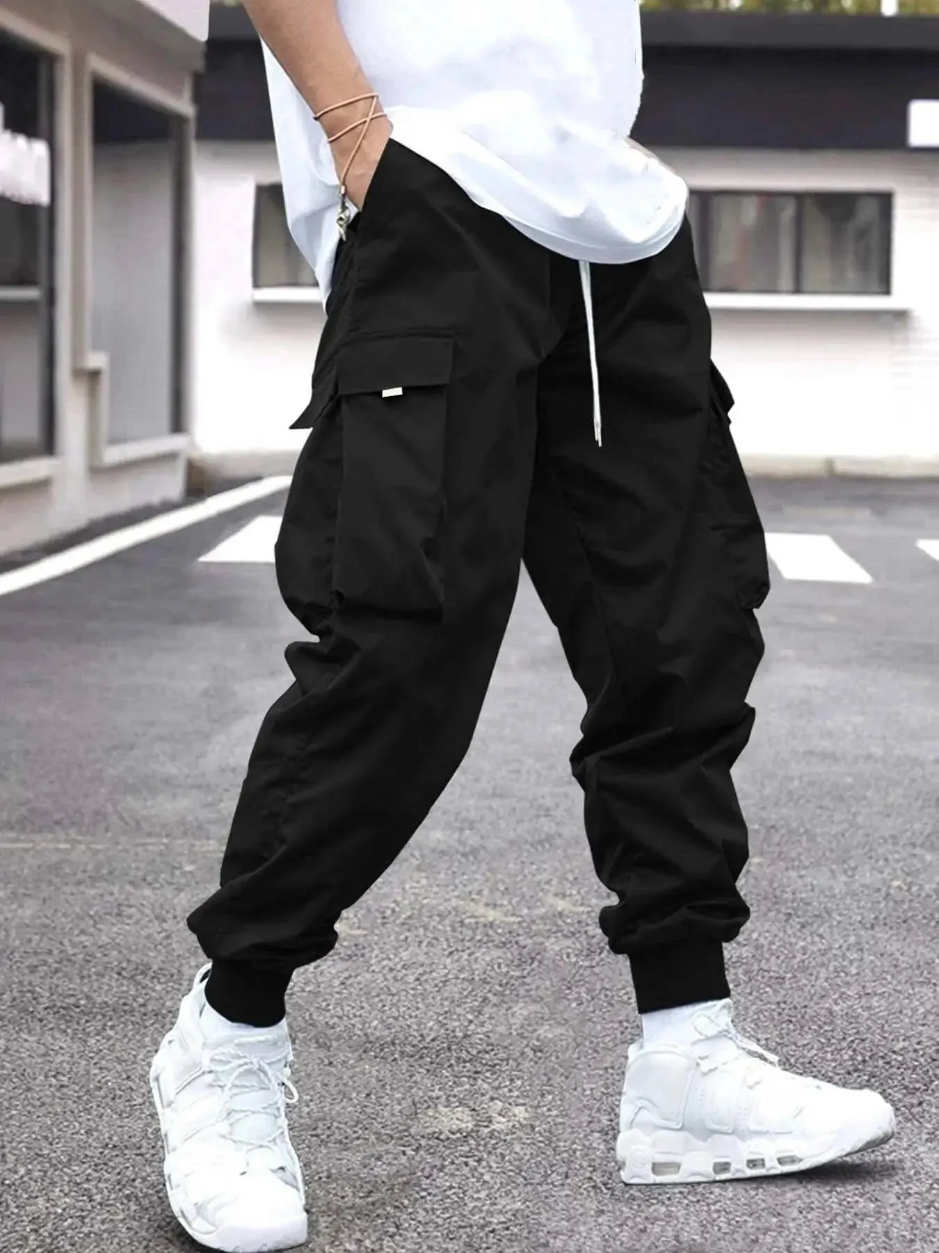 Men's Cargo Pants with Flap Pockets and Drawstring Waist