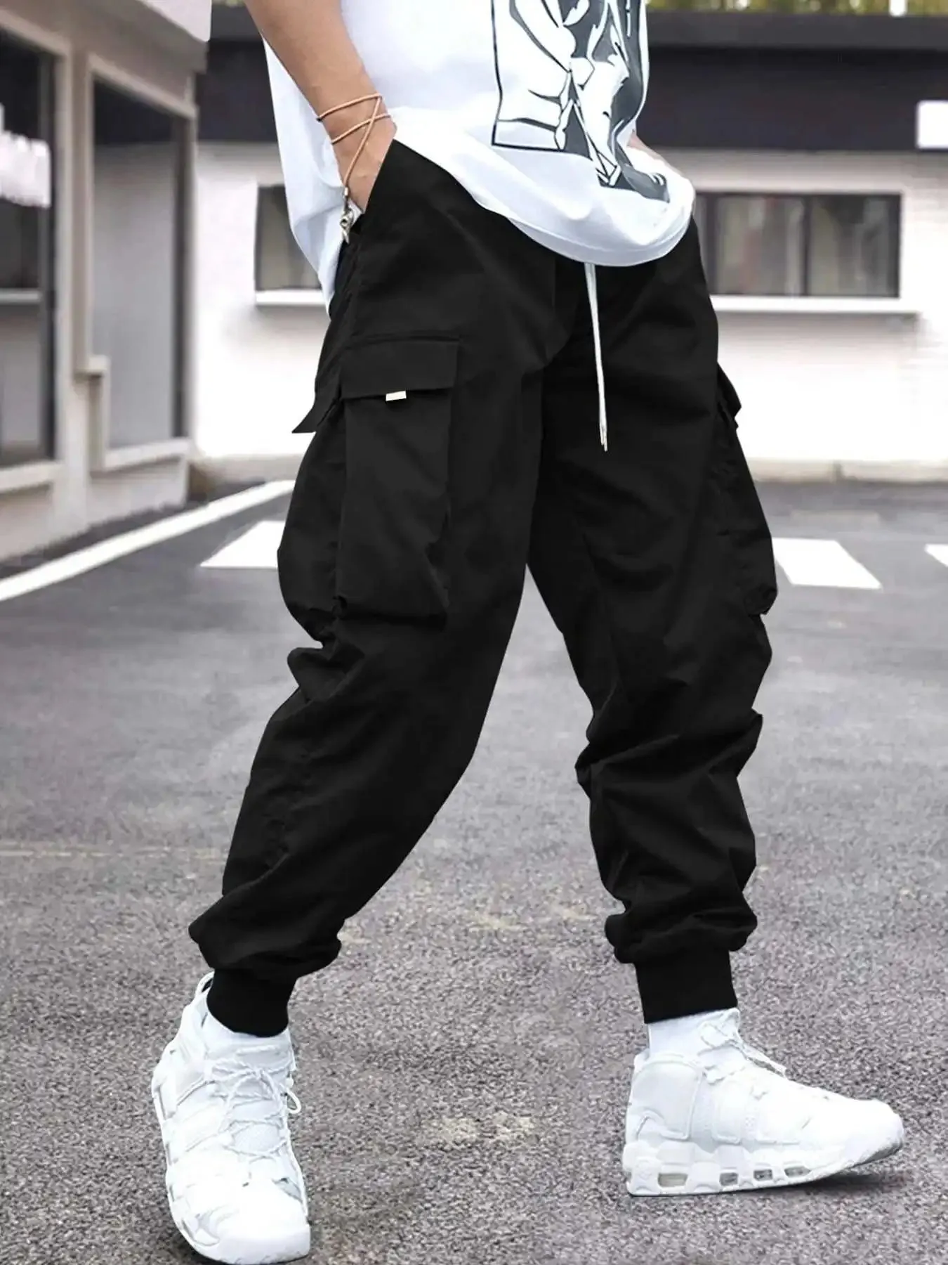 Men's Cargo Pants with Flap Pockets and Drawstring Waist