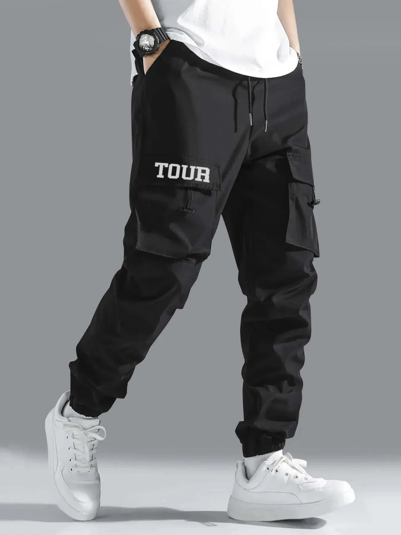 Men's Cargo Pants with Flap Pockets and Drawstring Waist