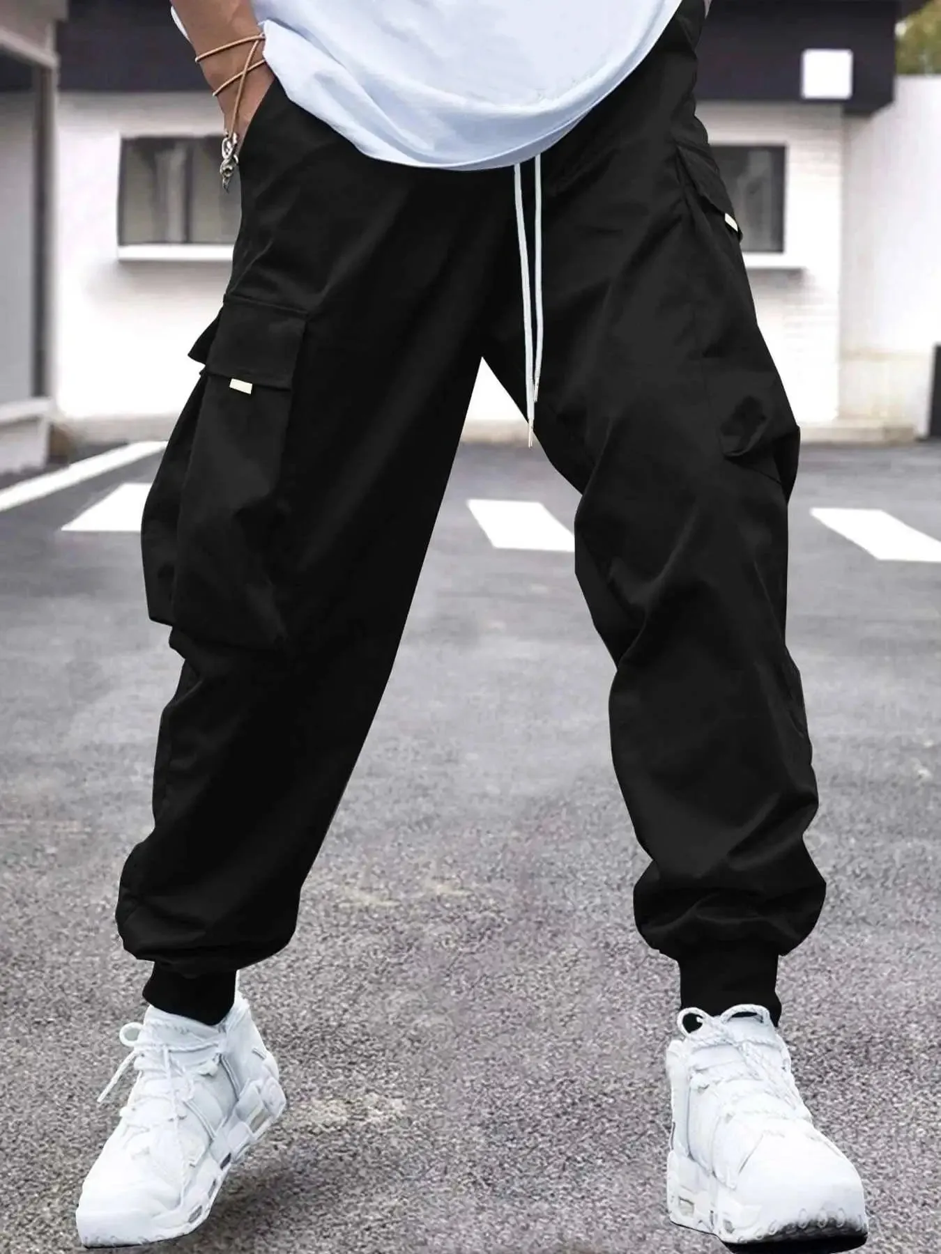 Men's Cargo Pants with Flap Pockets and Drawstring Waist