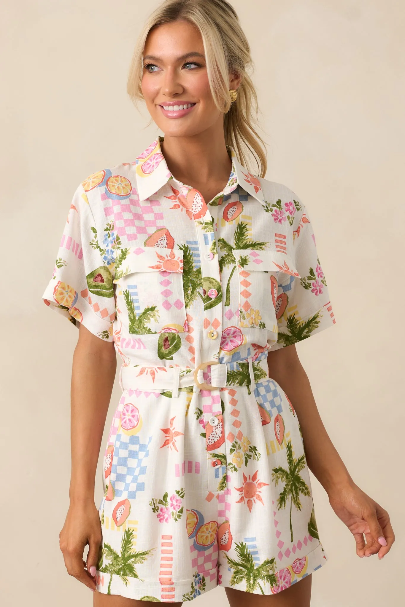 MINKPINK Gracie Ivory Fruity Floral Belted Playsuit