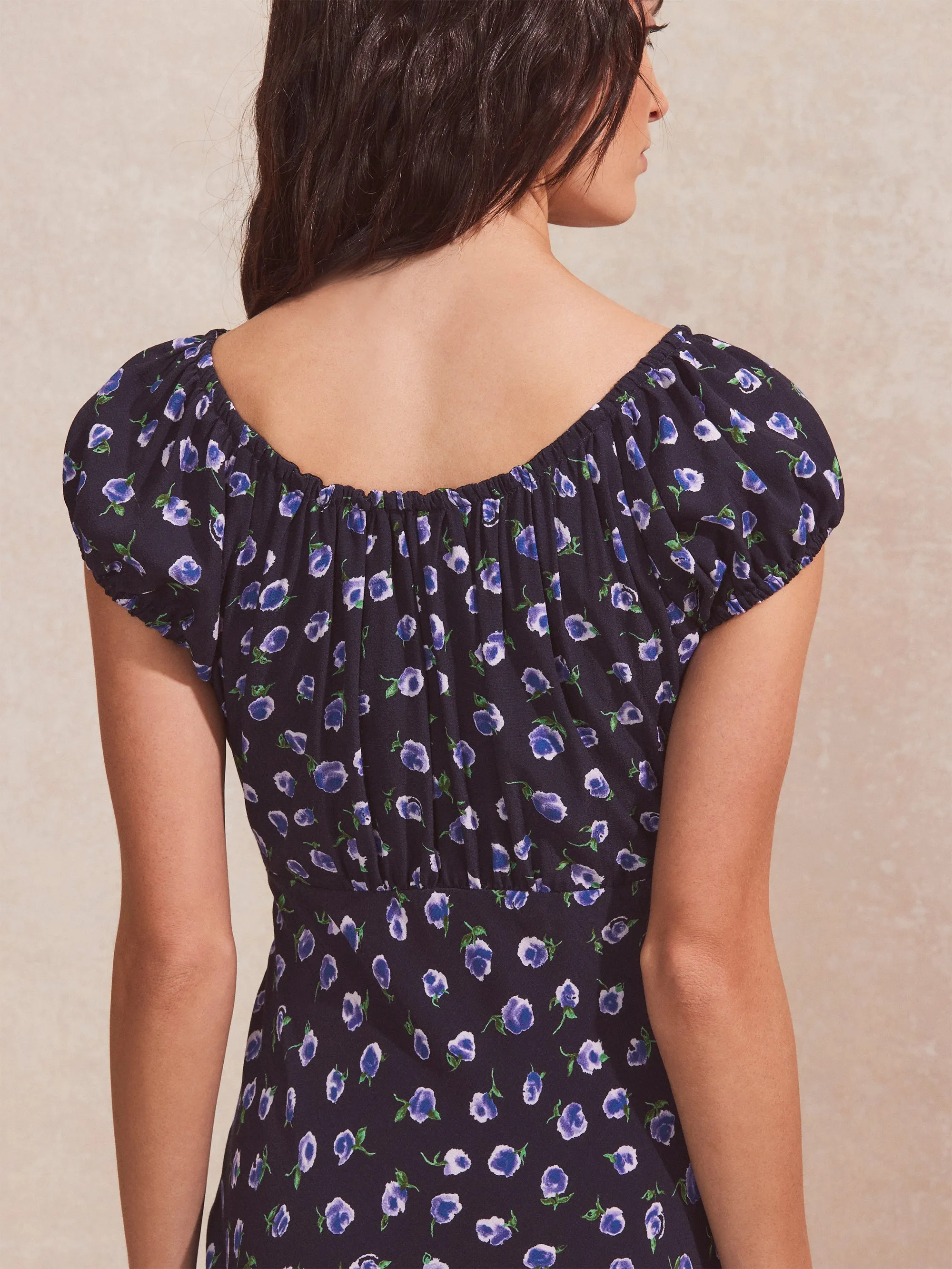 Navy Floral-Print Gathered-Neck Midi Dress
