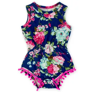 Navy Pom Pom Romper Girl