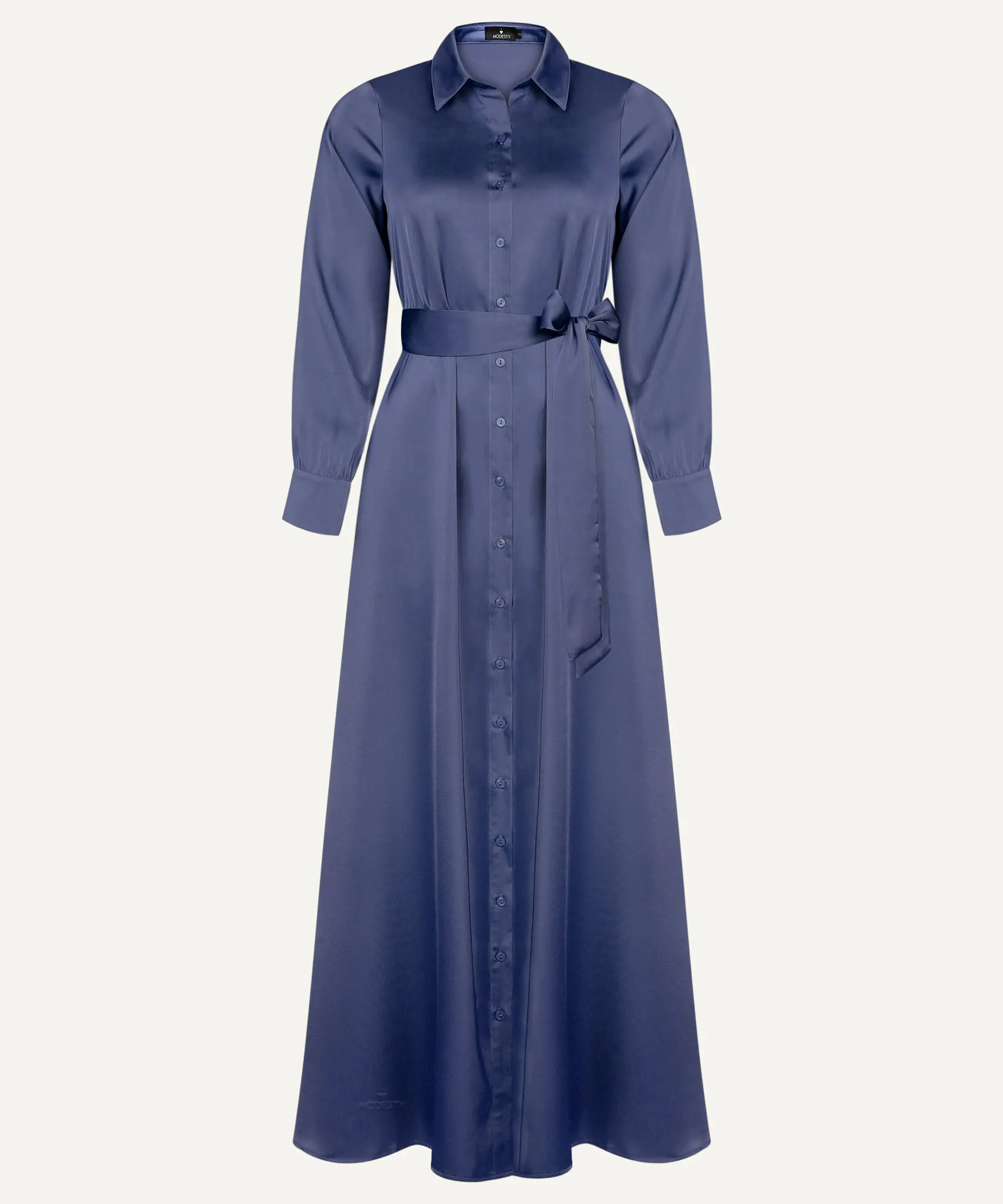 Navy Satin Button Down Collar Dress
