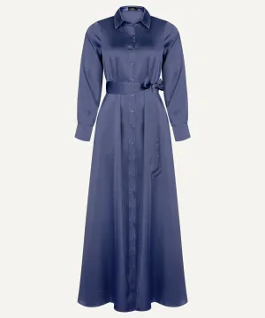 Navy Satin Button Down Collar Dress