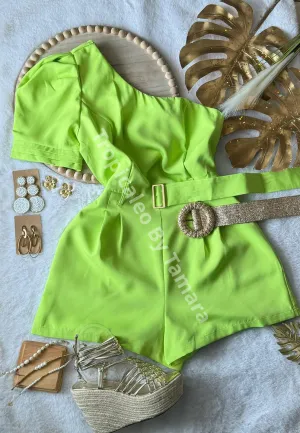 Neon One-Shoulder Belted Romper