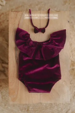 Newborn size baby velvet romper and tieback, burgundy, RTS