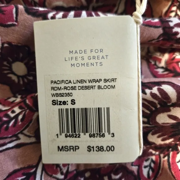 NWT Faherty Pacifica Floral Linen Wrap Midi Skirt in Rose Desert Bloom, SZ Small
