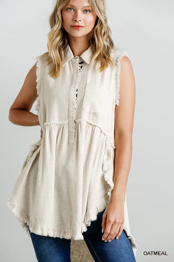 Oatmeal Linen Blend Frayed Tunic Top