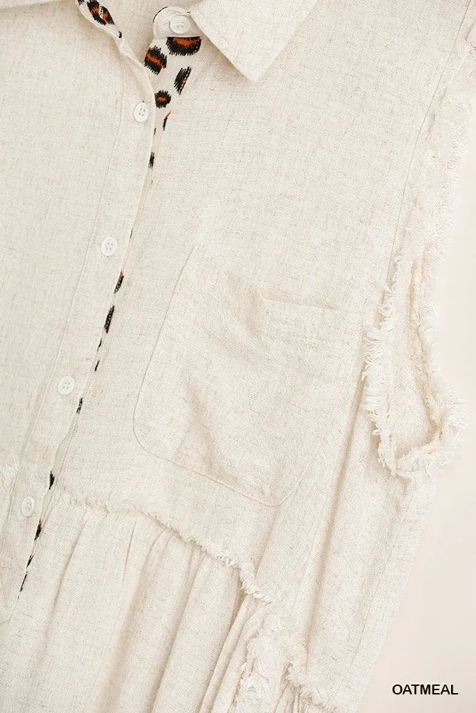 Oatmeal Linen Blend Frayed Tunic Top