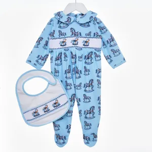 Ocean Baby Boys Arctic Blue Smocked Rocking Horse Sleepsuit Set (NB-12M)