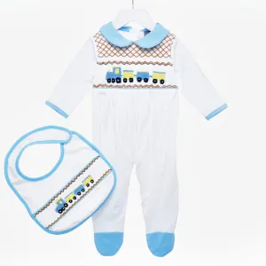 Ocean Baby Boys Smocked Train Themed Sleepsuit & Bib Set (NB-18M)