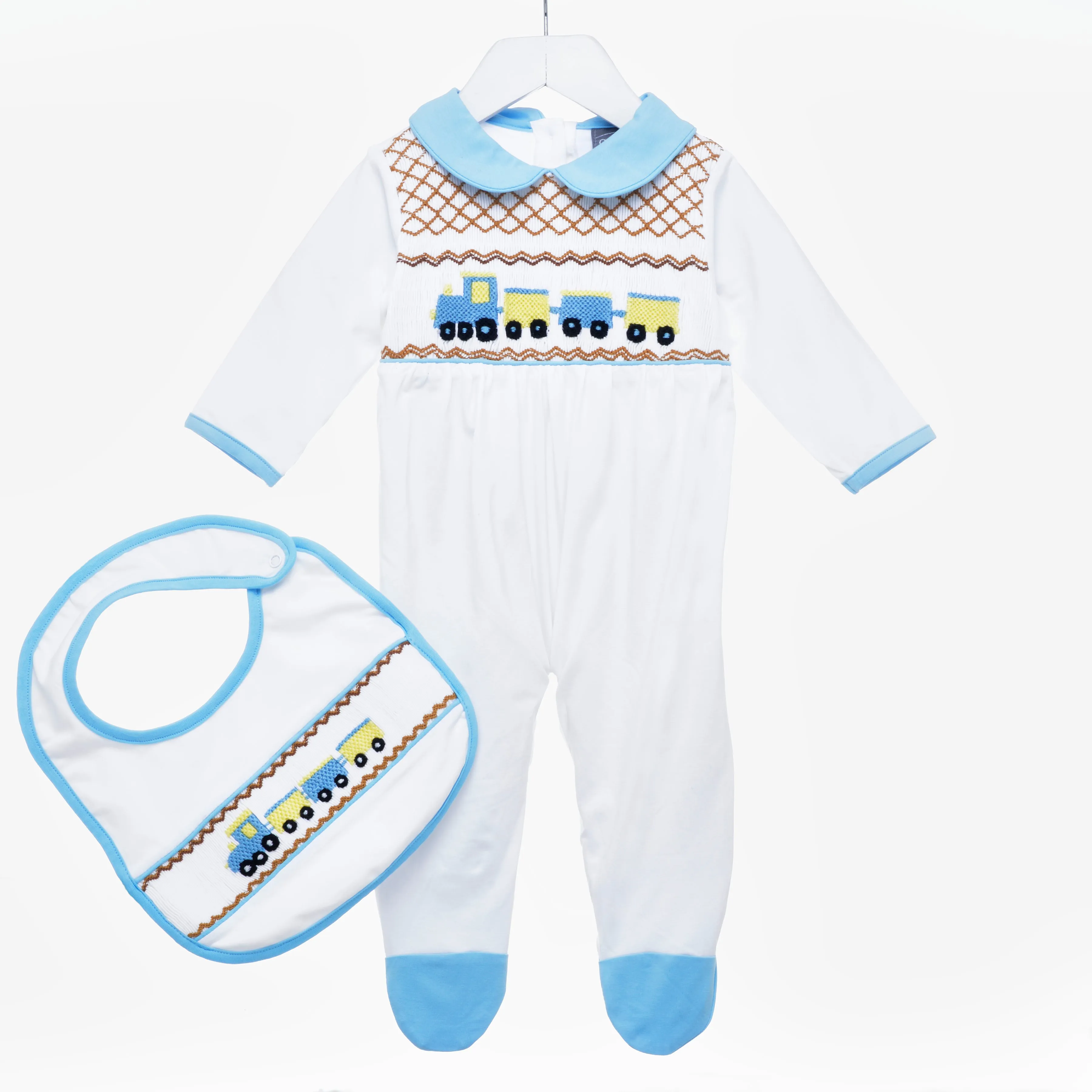 Ocean Baby Boys Smocked Train Themed Sleepsuit & Bib Set (NB-18M)