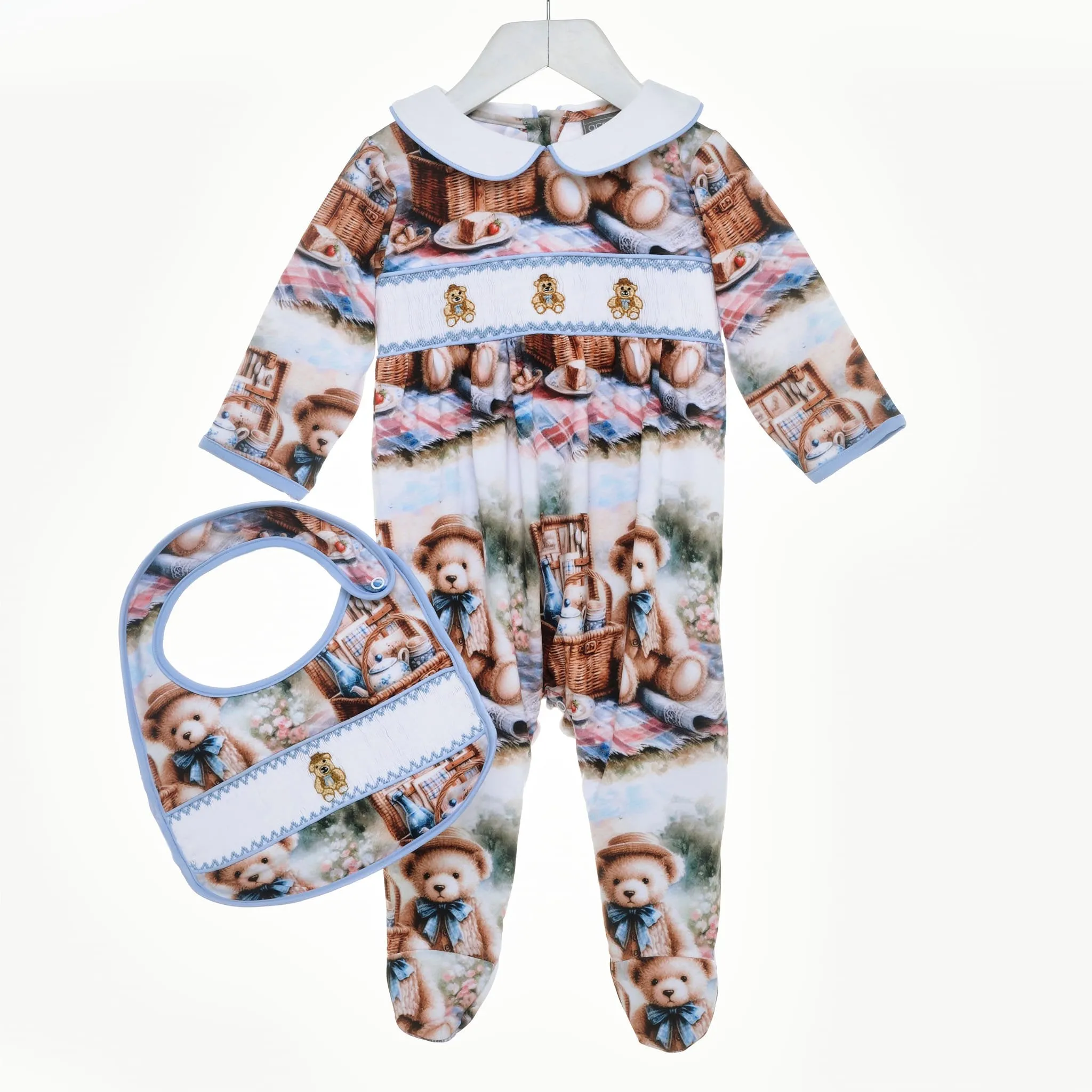 Ocean Baby Boys Teddy Bear Picnic Smocked Sleepsuit & Bib Set (NB-18M)