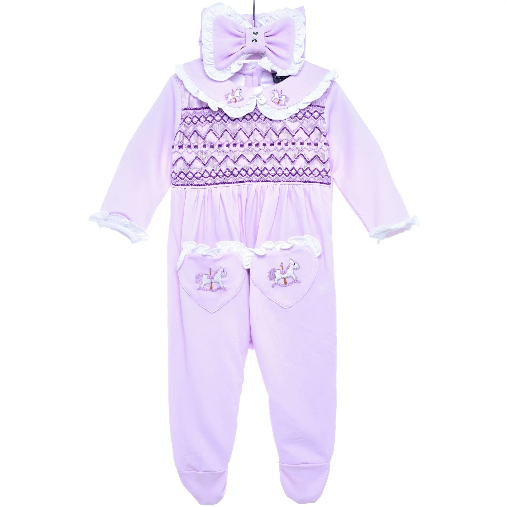 Ocean Baby Girls Lavender Carousel Smocked Sleepsuit & Headband Set (NB-18M)