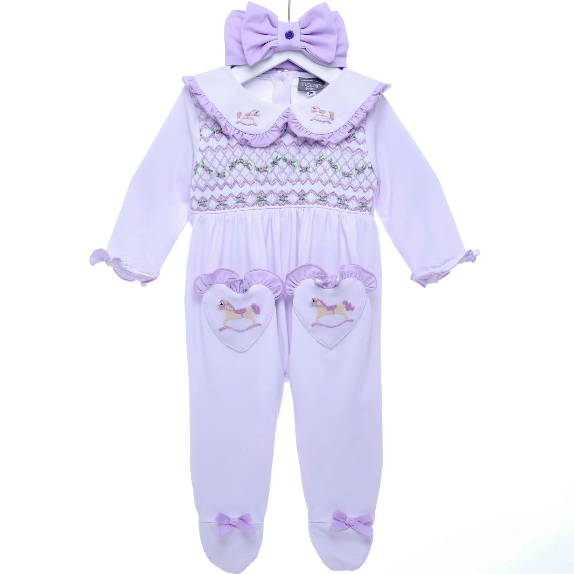 Ocean Baby Girls Lavender Rocking Horse Smocked Sleepsuit & Headband Set (NB-18M)