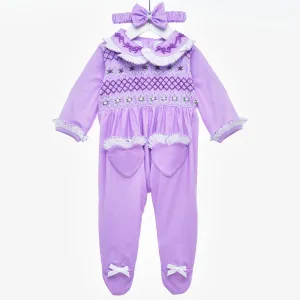 Ocean Baby Girls Lilac Smocked Sleepsuit & Headband Set (NB-18M)