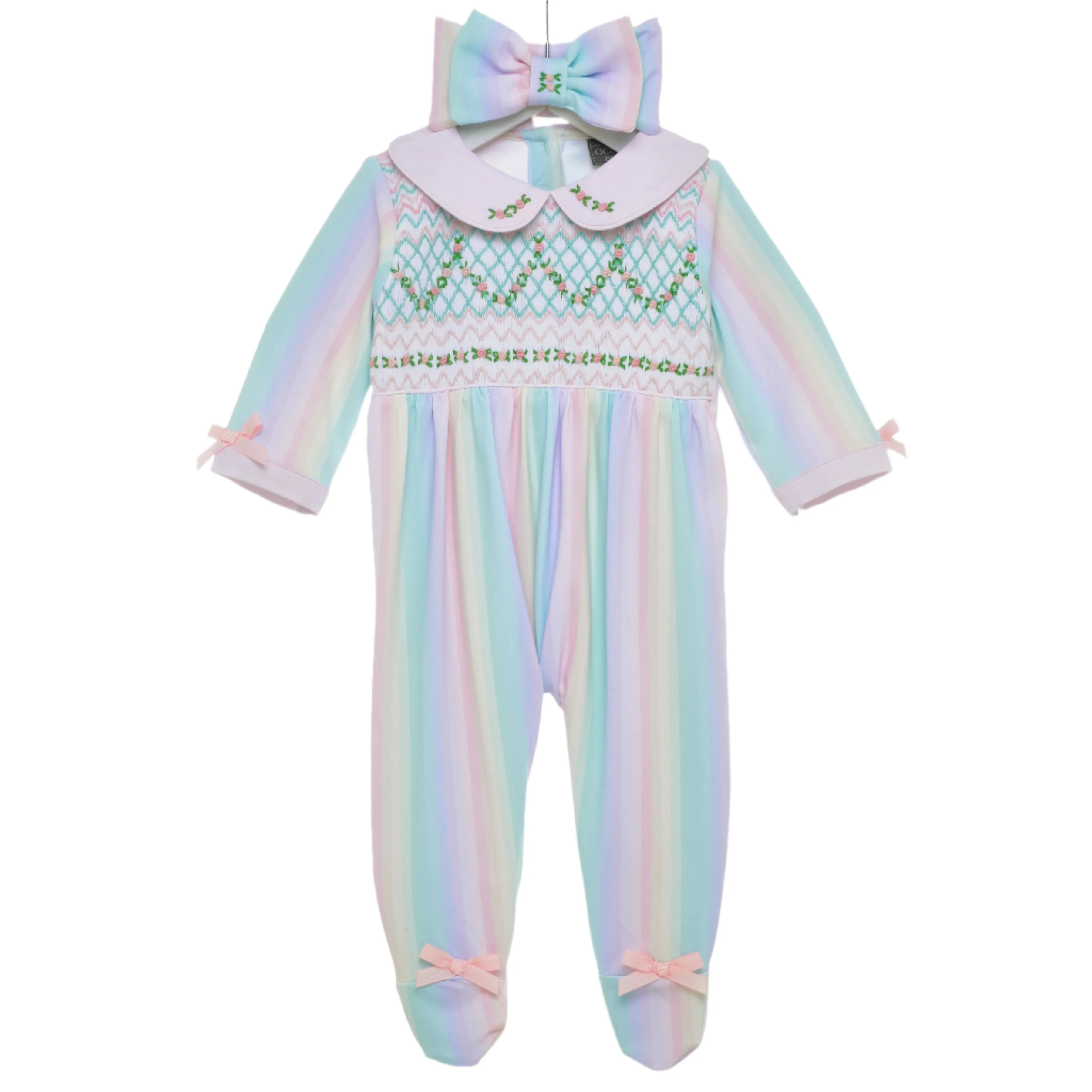 Ocean Baby Girls Multicoloured Smocked Sleepsuit & Headband Set (NB-18M)