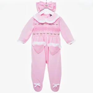 Ocean Baby Girls Pink Smocked Sleepsuit & Headband Set (NB-18M)