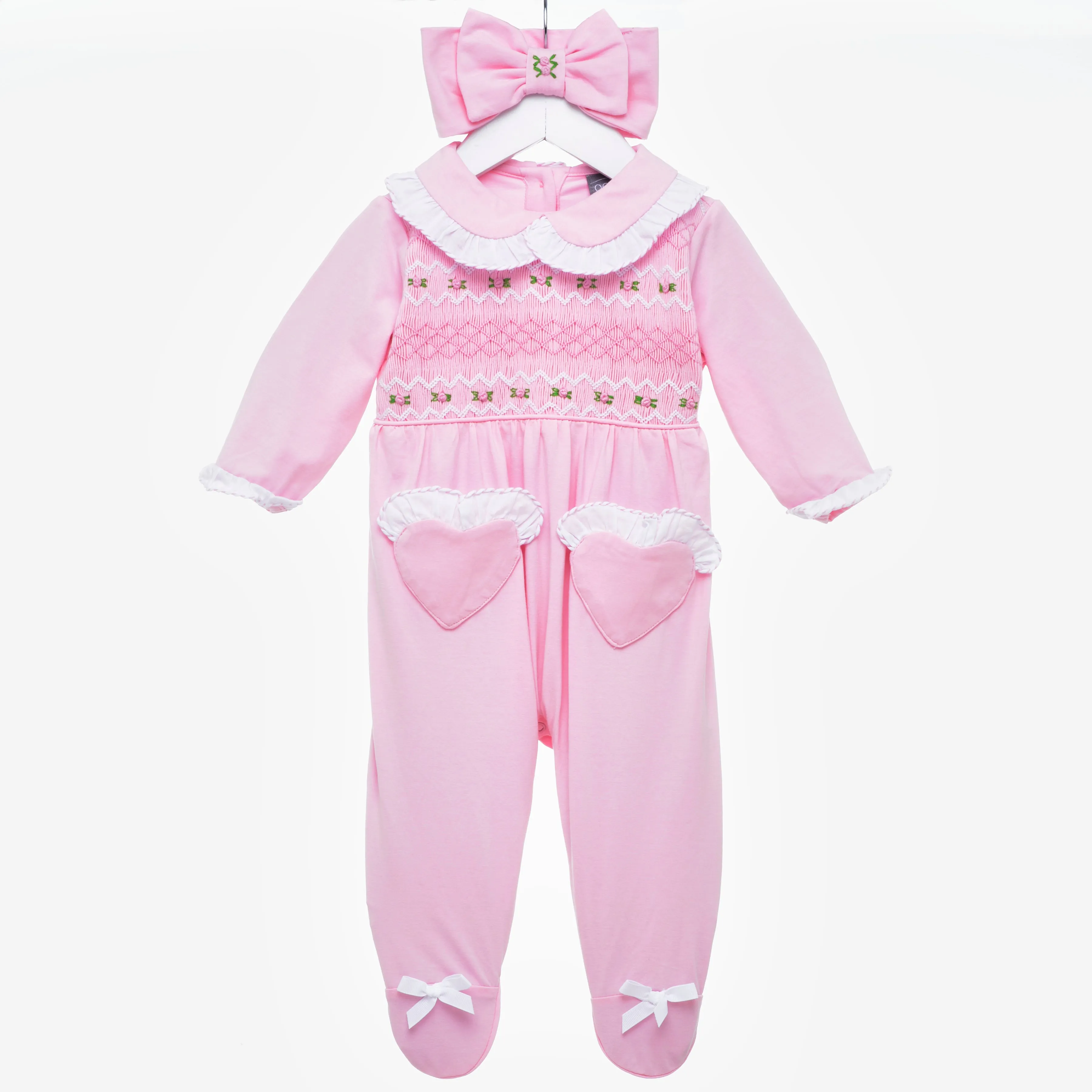 Ocean Baby Girls Pink Smocked Sleepsuit & Headband Set (NB-18M)