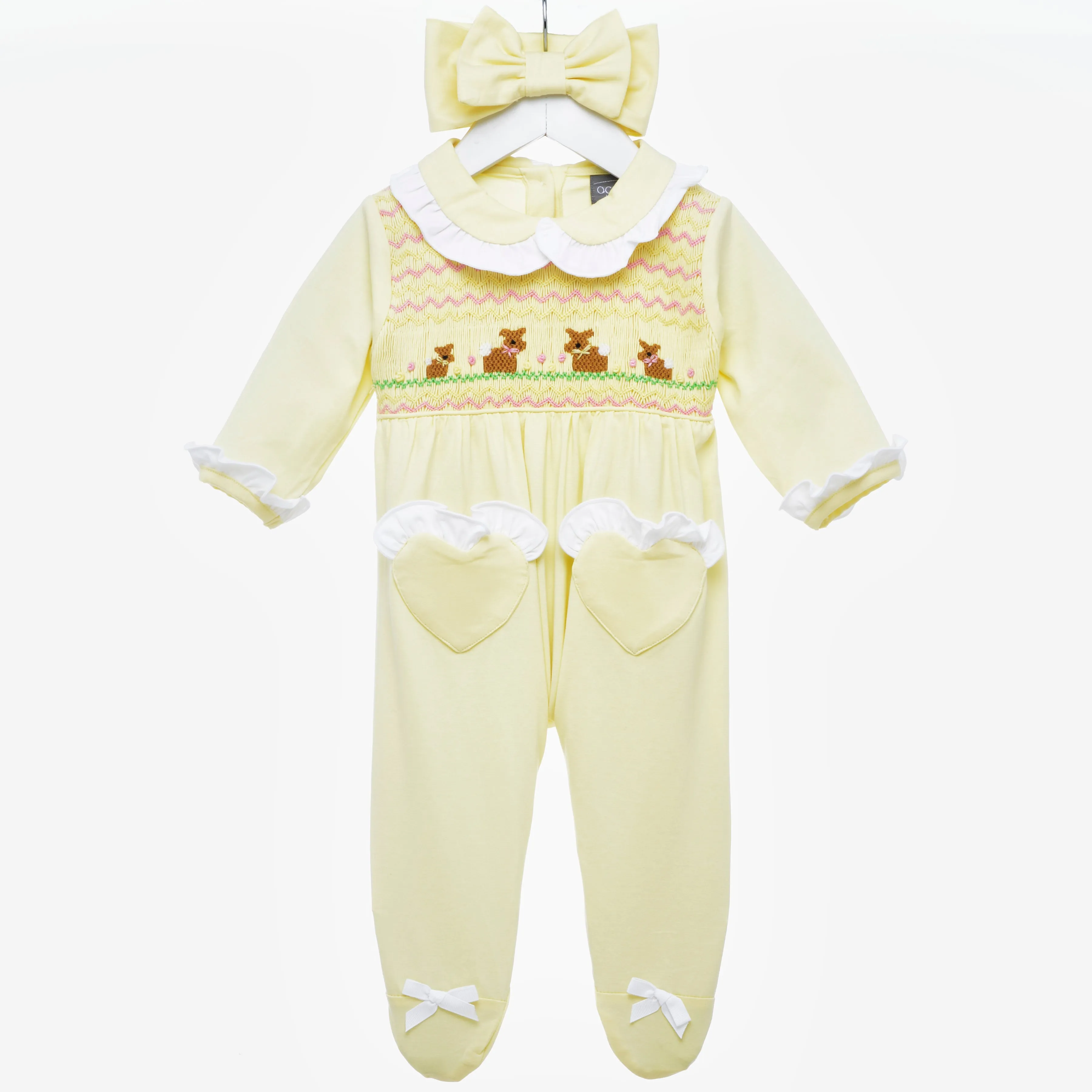 Ocean Baby Girls Smocked Bunny Sleepsuit & Headband Set (NB-18M)