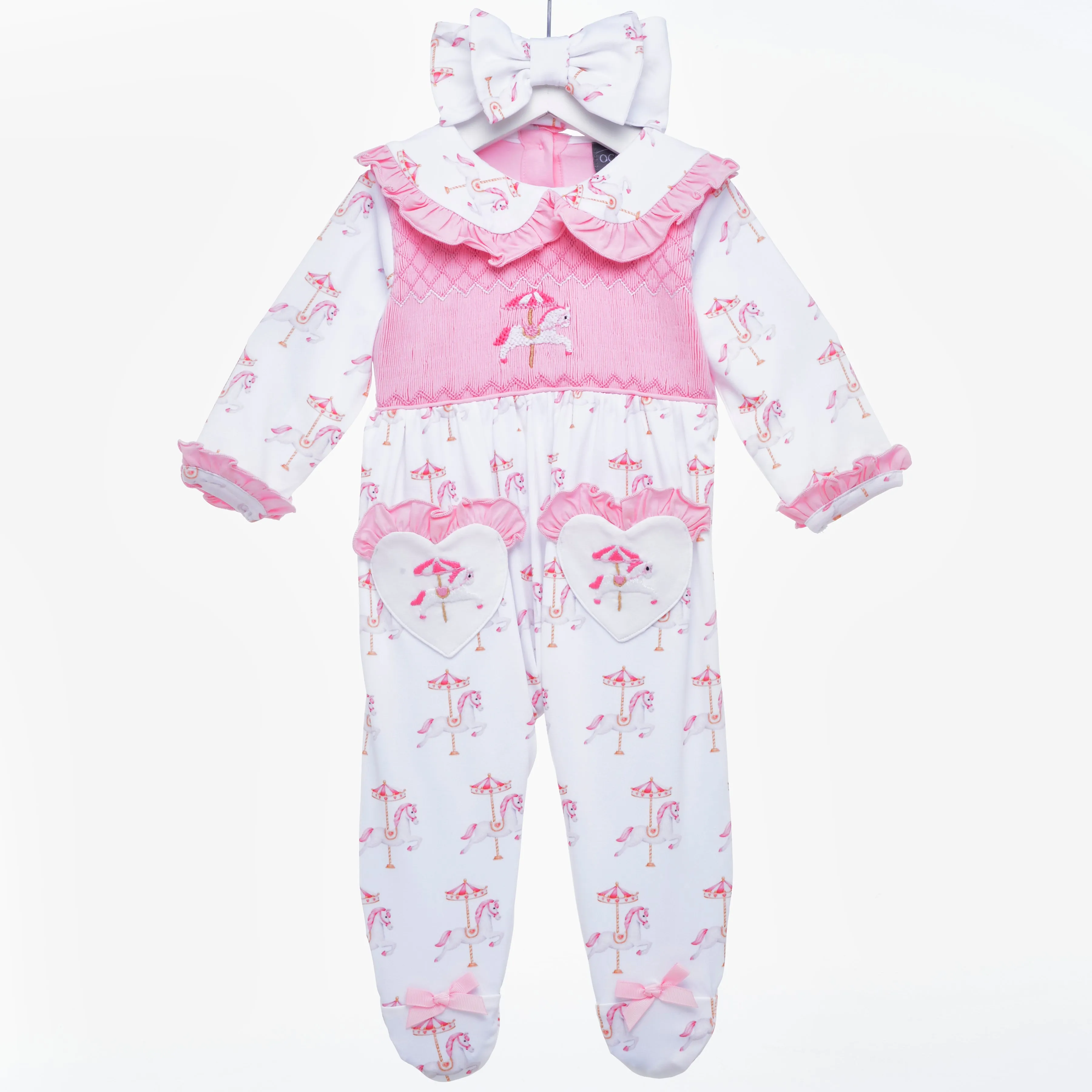 Ocean Baby Girls Smocked Carousel Sleepsuit & Headband Set (NB-12M)