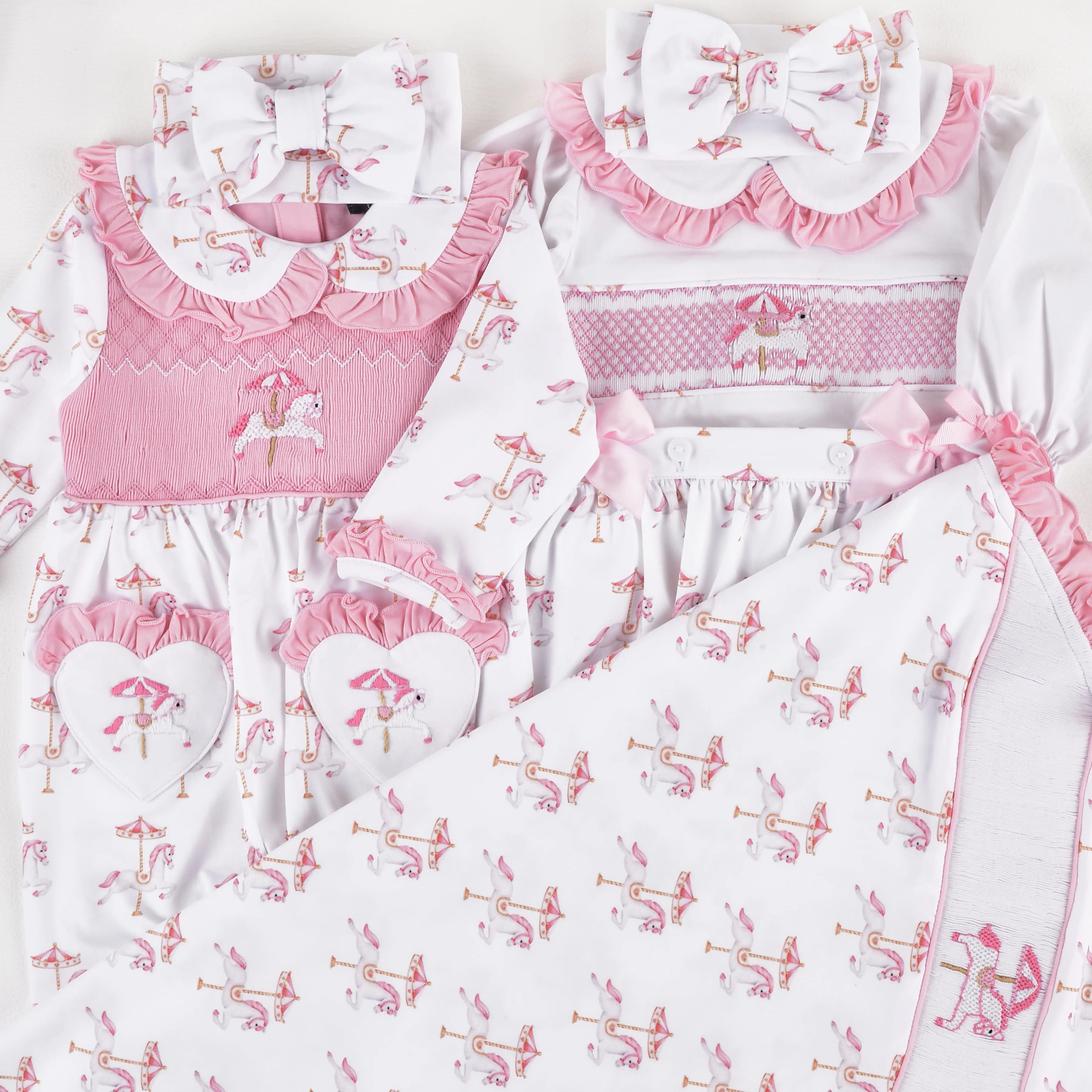 Ocean Baby Girls Smocked Carousel Sleepsuit & Headband Set (NB-12M)