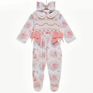 Ocean Baby Girls Smocked Floral Teddy Bear Sleepsuit & Headband Set (NB-18M)