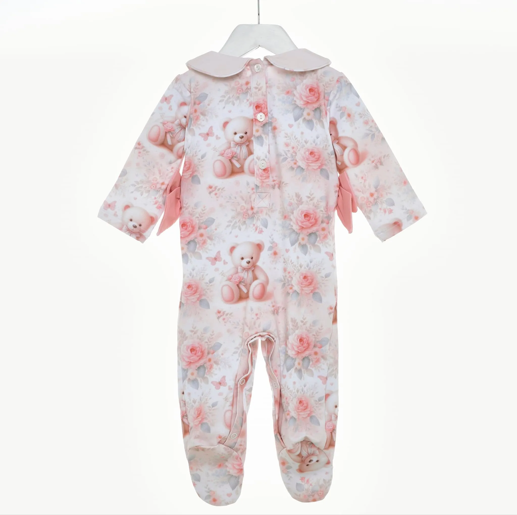 Ocean Baby Girls Smocked Floral Teddy Bear Sleepsuit & Headband Set (NB-18M)