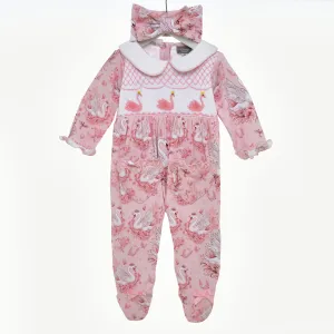 Ocean Baby Girls Smocked Princess Swan Sleepsuit & Headband Set (NB-18M)