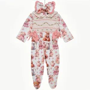 Ocean Baby Girls Teddy Tea Party Smocked Sleepsuit & Headband Set (NB-18M)