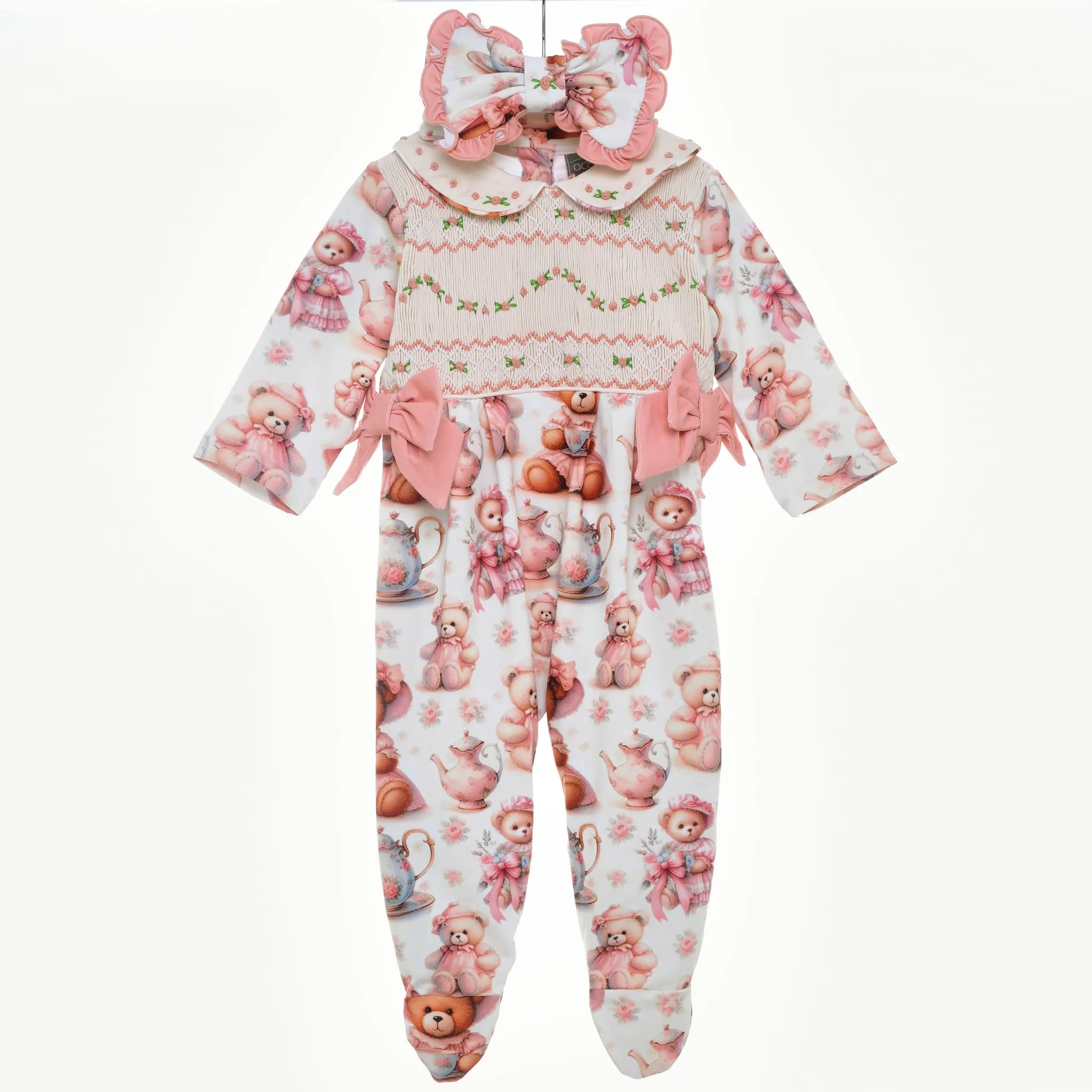 Ocean Baby Girls Teddy Tea Party Smocked Sleepsuit & Headband Set (NB-18M)