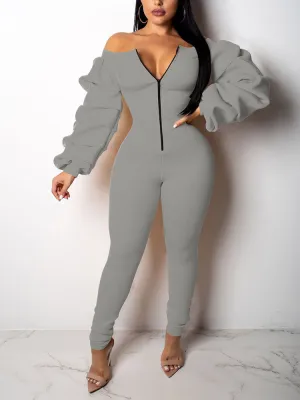 Off Shoulder Ruched Sleeve Jumpsuit