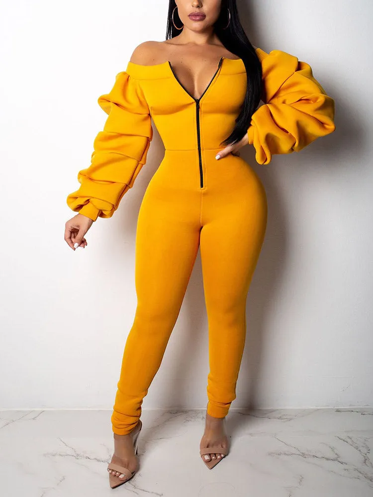 Off Shoulder Ruched Sleeve Jumpsuit