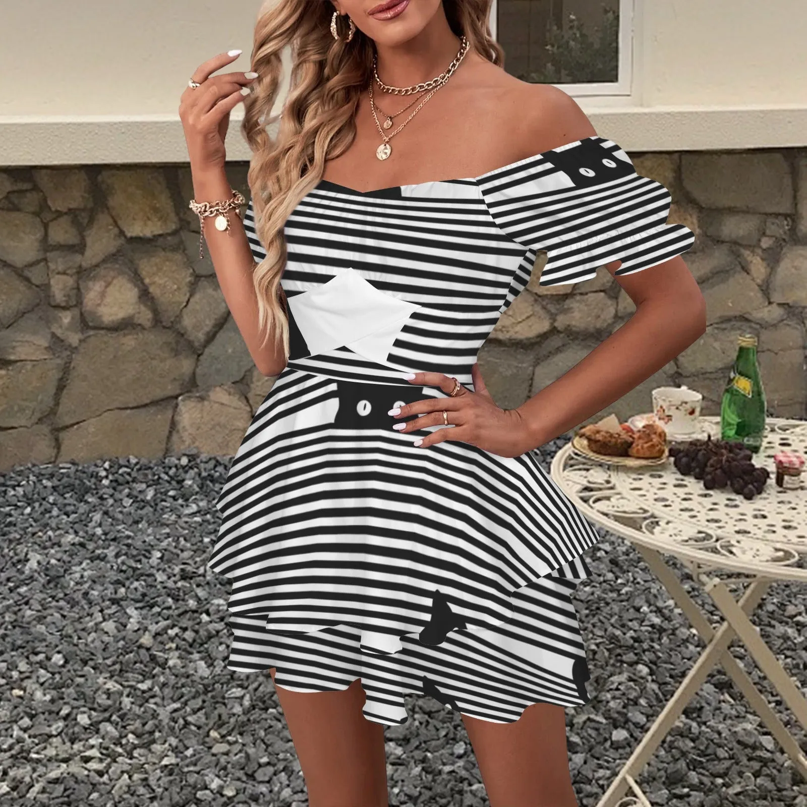 Off Shoulder Strappy Ruffle Hem Romper