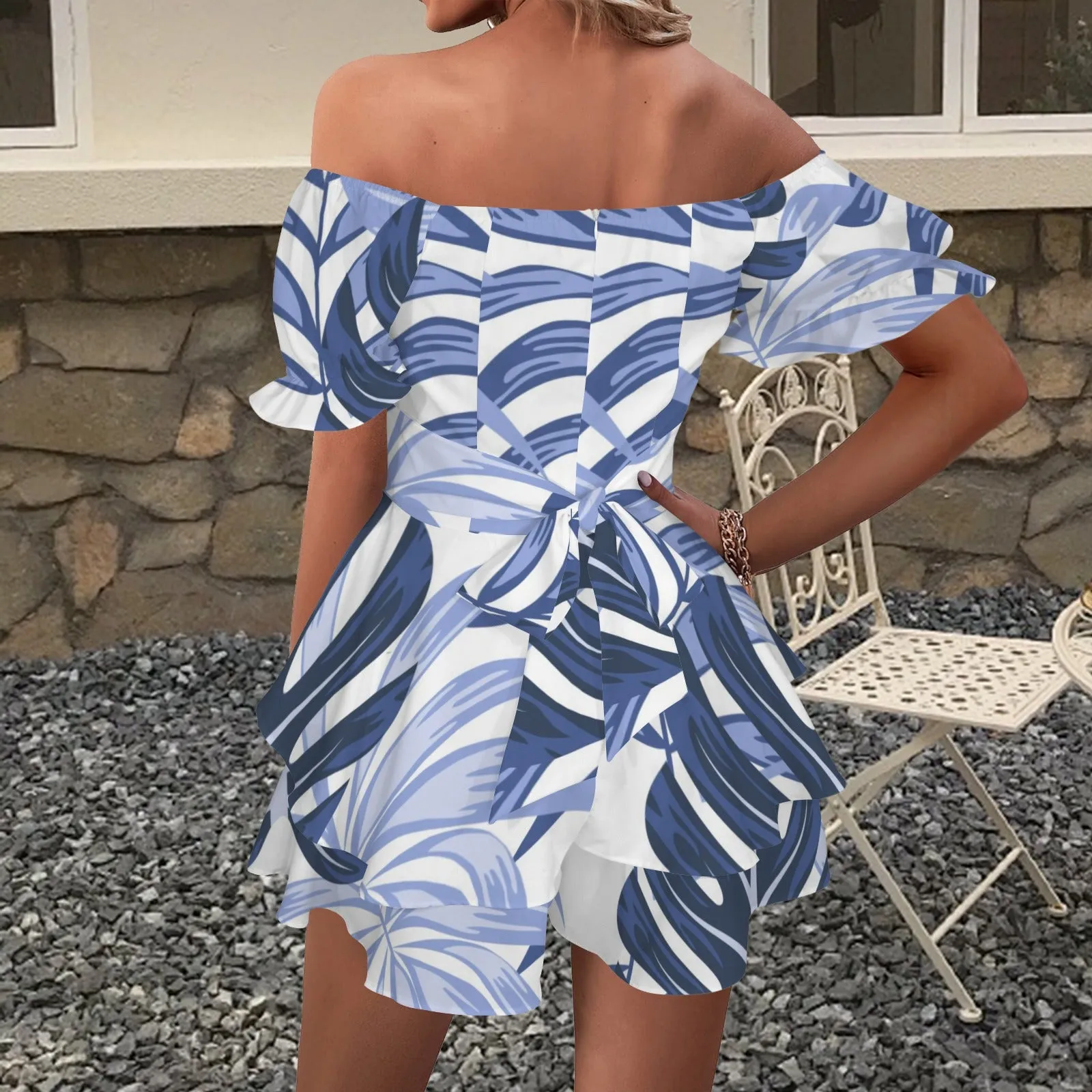 Off Shoulder Strappy Ruffle Hem Romper