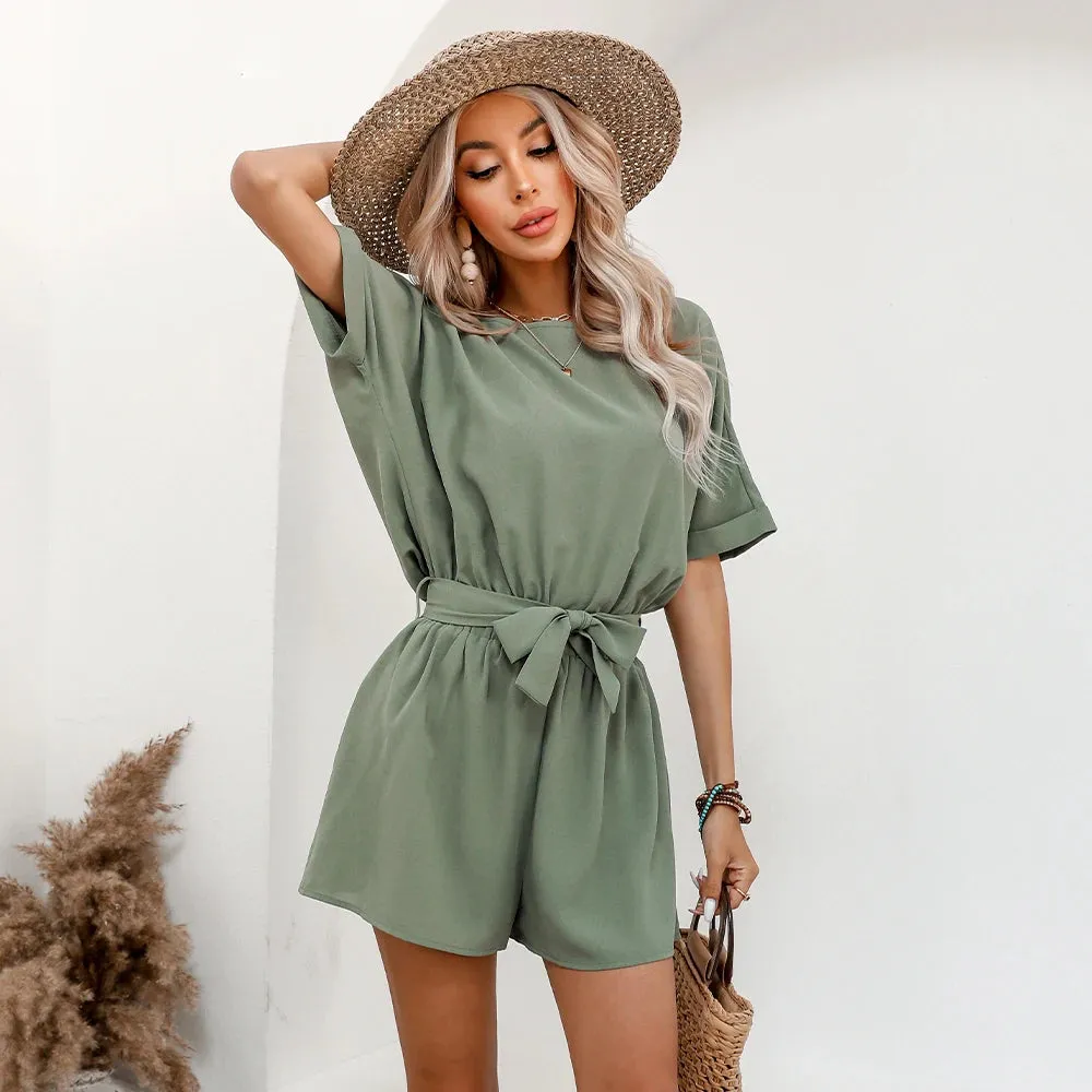 Olive Green Belted Boat Neck Romper