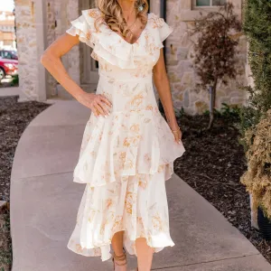 Once Upon A Time Ruffle Tiered Floral Ivory Midi Dress- FINAL SALE