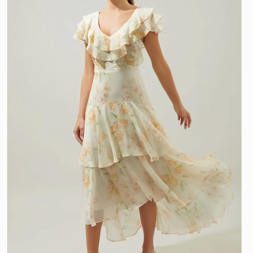 Once Upon A Time Ruffle Tiered Floral Ivory Midi Dress- FINAL SALE