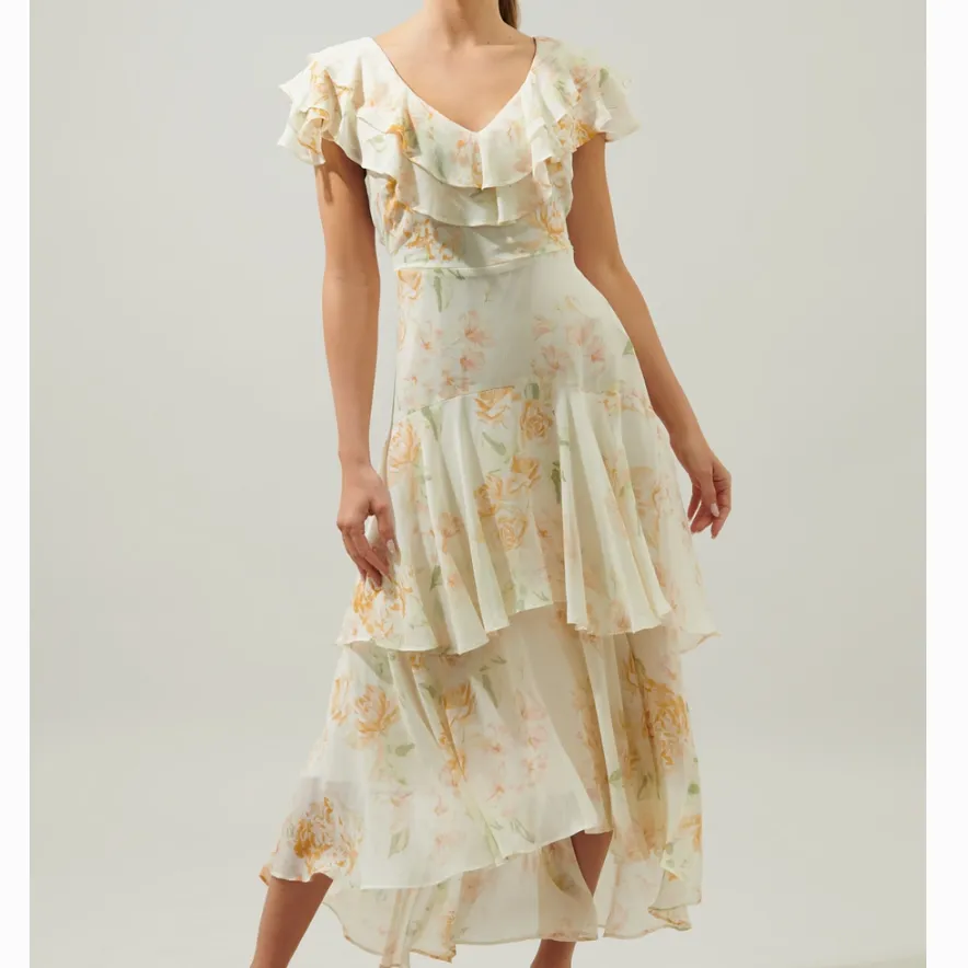 Once Upon A Time Ruffle Tiered Floral Ivory Midi Dress- FINAL SALE