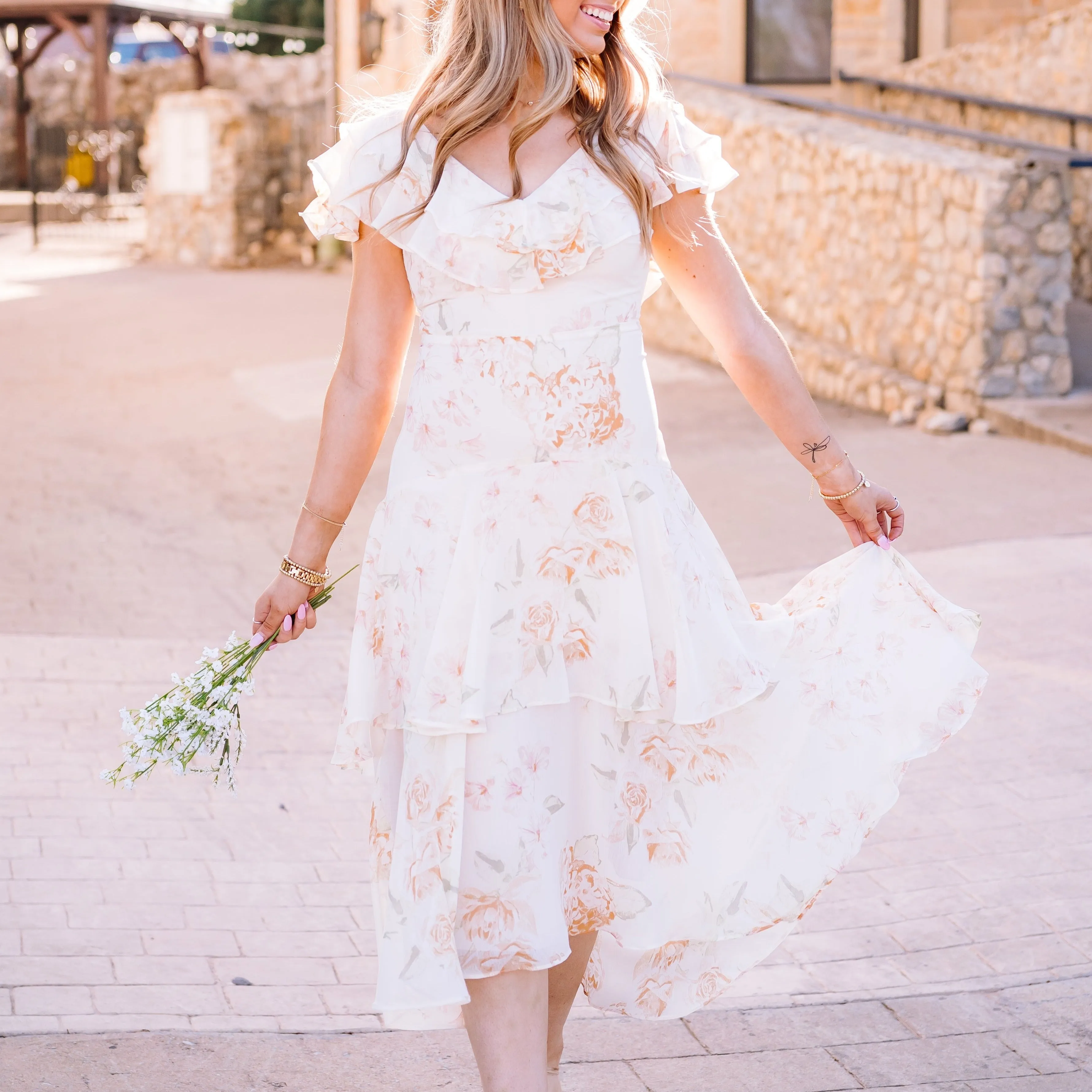 Once Upon A Time Ruffle Tiered Floral Ivory Midi Dress- FINAL SALE