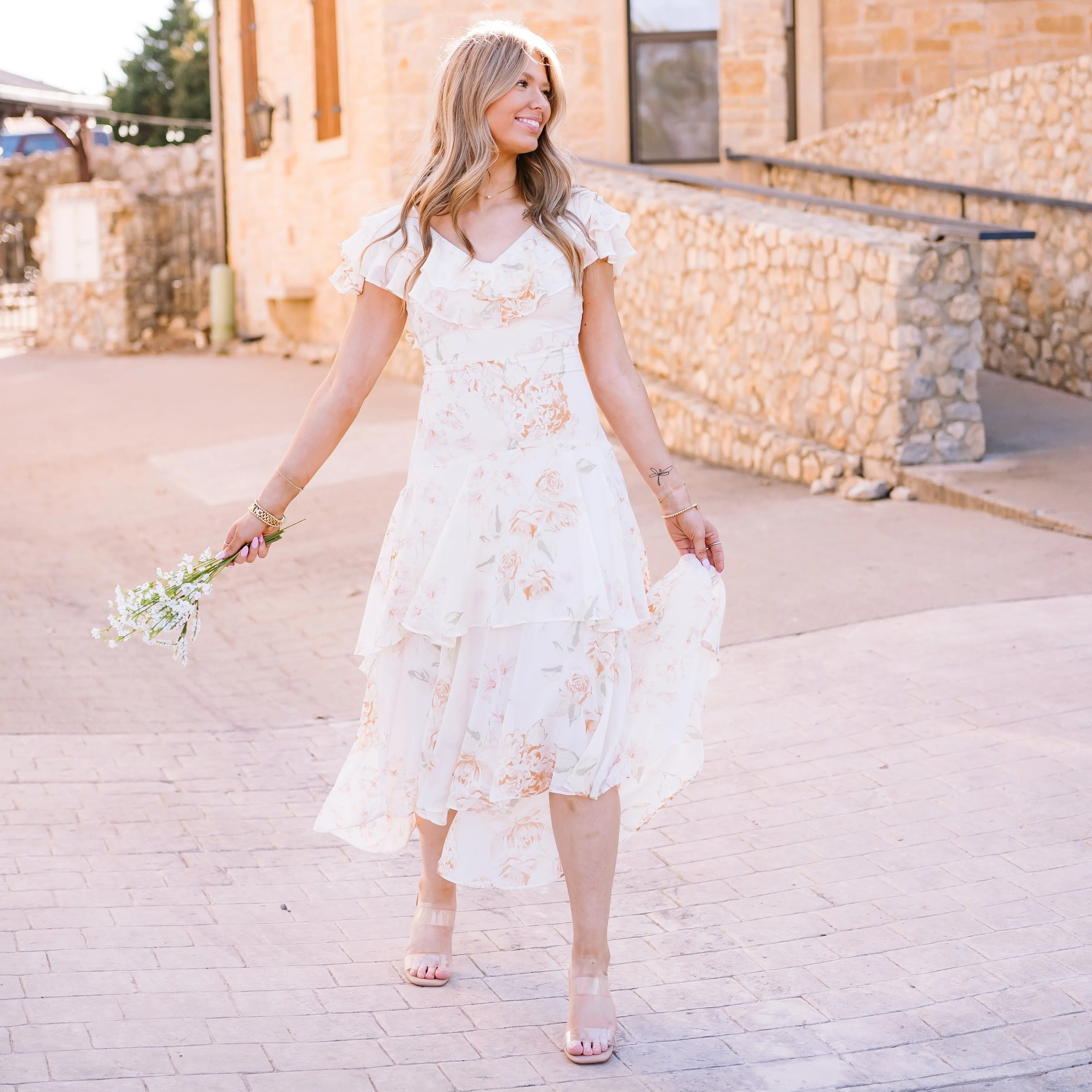 Once Upon A Time Ruffle Tiered Floral Ivory Midi Dress- FINAL SALE