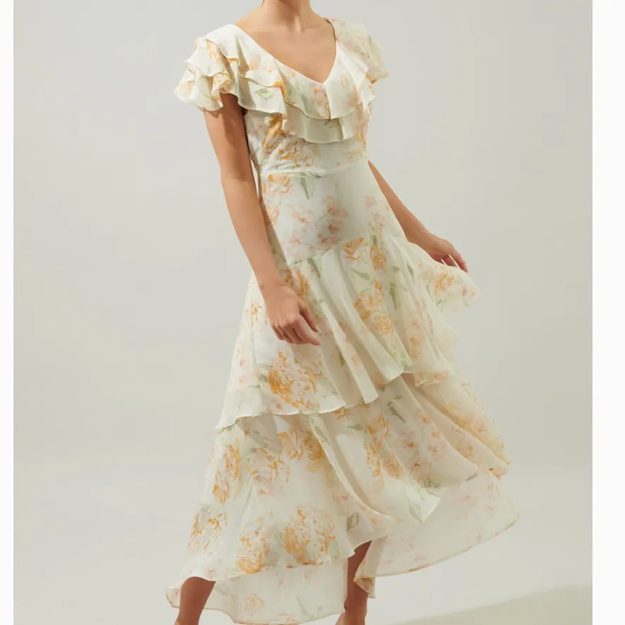 Once Upon A Time Ruffle Tiered Floral Ivory Midi Dress- FINAL SALE