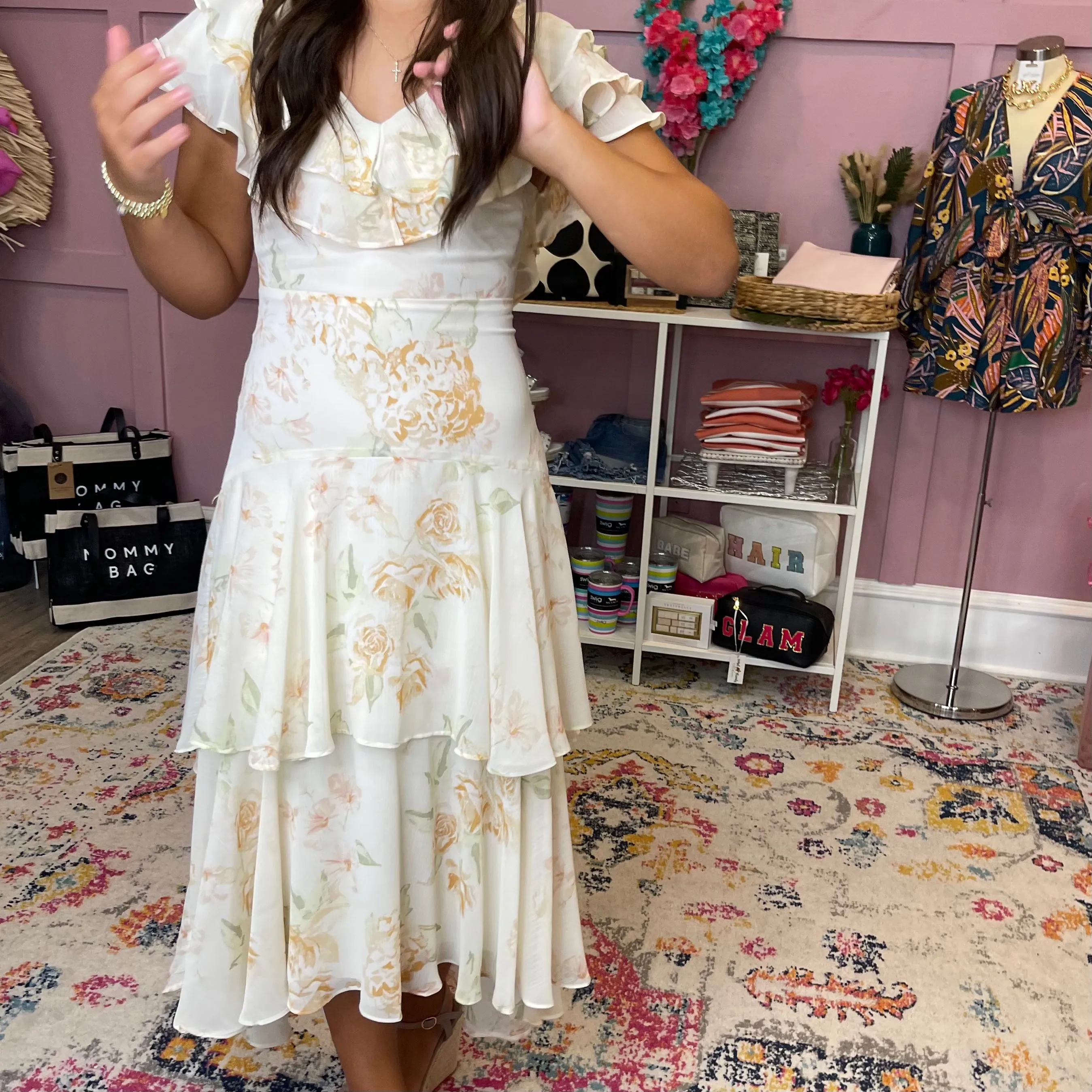 Once Upon A Time Ruffle Tiered Floral Ivory Midi Dress- FINAL SALE