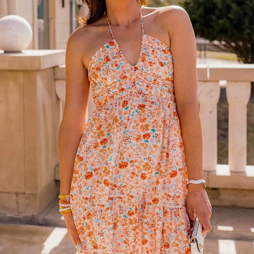 Ophelia Orange Floral Ruched Halter Maxi Dress
