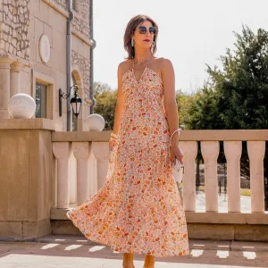 Ophelia Orange Floral Ruched Halter Maxi Dress