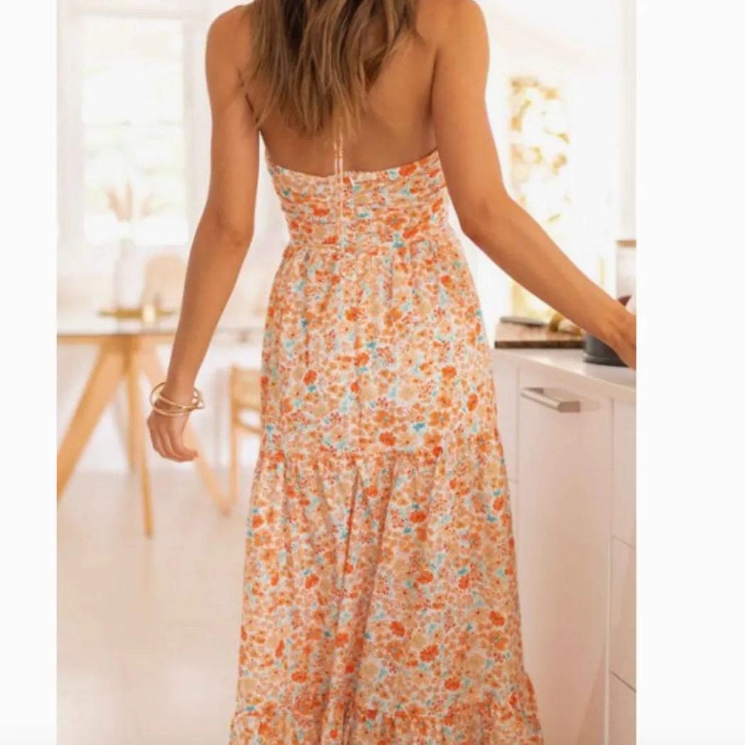Ophelia Orange Floral Ruched Halter Maxi Dress