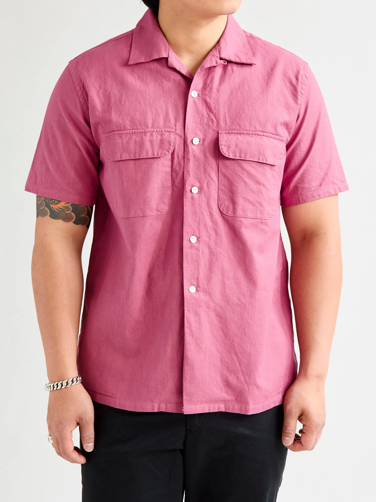 Panama Cloth Open Collar Shirt in Dusty Pink