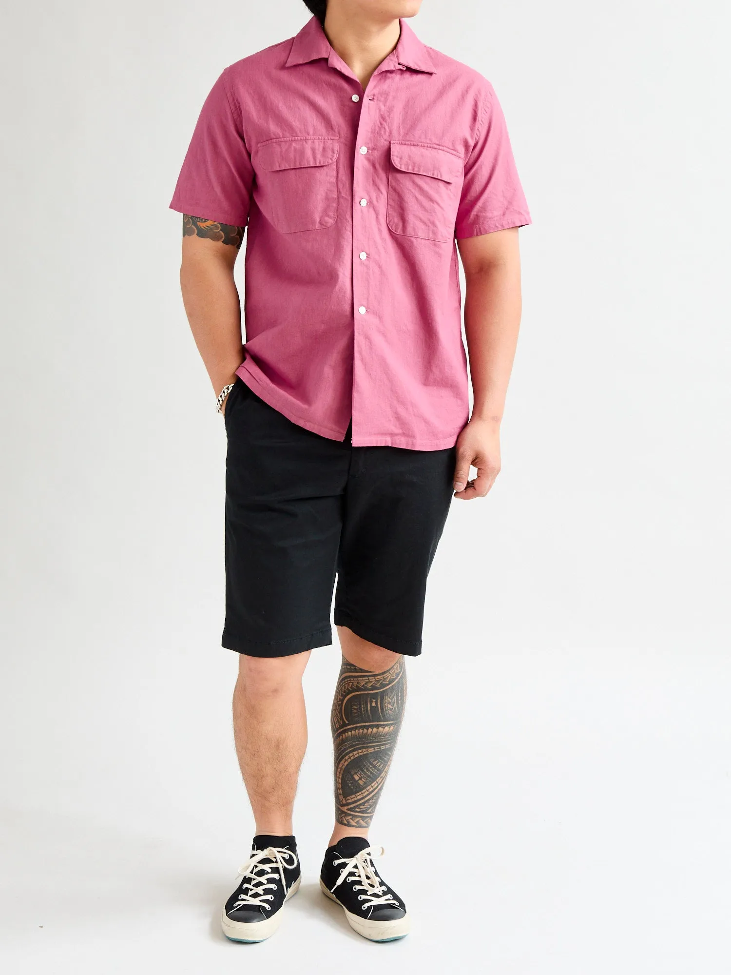 Panama Cloth Open Collar Shirt in Dusty Pink